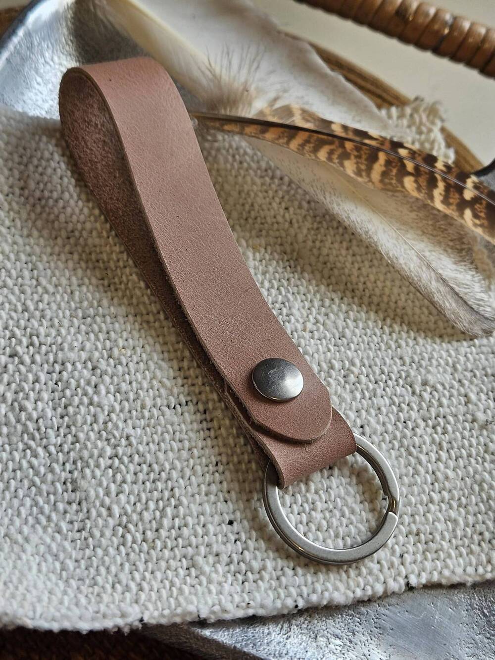 NEW NATIVE LEATHER CO unisex hand-cut leather key fob with hardware in dusty blu